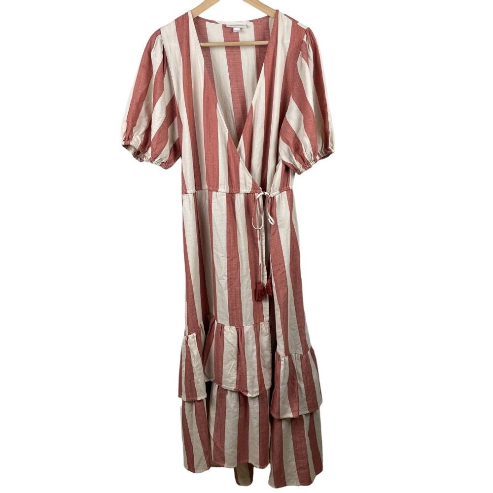 Knox Rose Wrap Dress L Maxi V-Neck Striped Cream‎ Brick Tiered Short Puff Sleeve